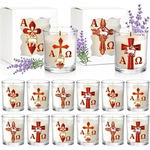 12 count Christian Religious Scented Candle  Set, Paschal Catholic Candle with Alpha Omega  and Lamb Design, Easter Prayer Candle for Baptism First Communion Church Decor