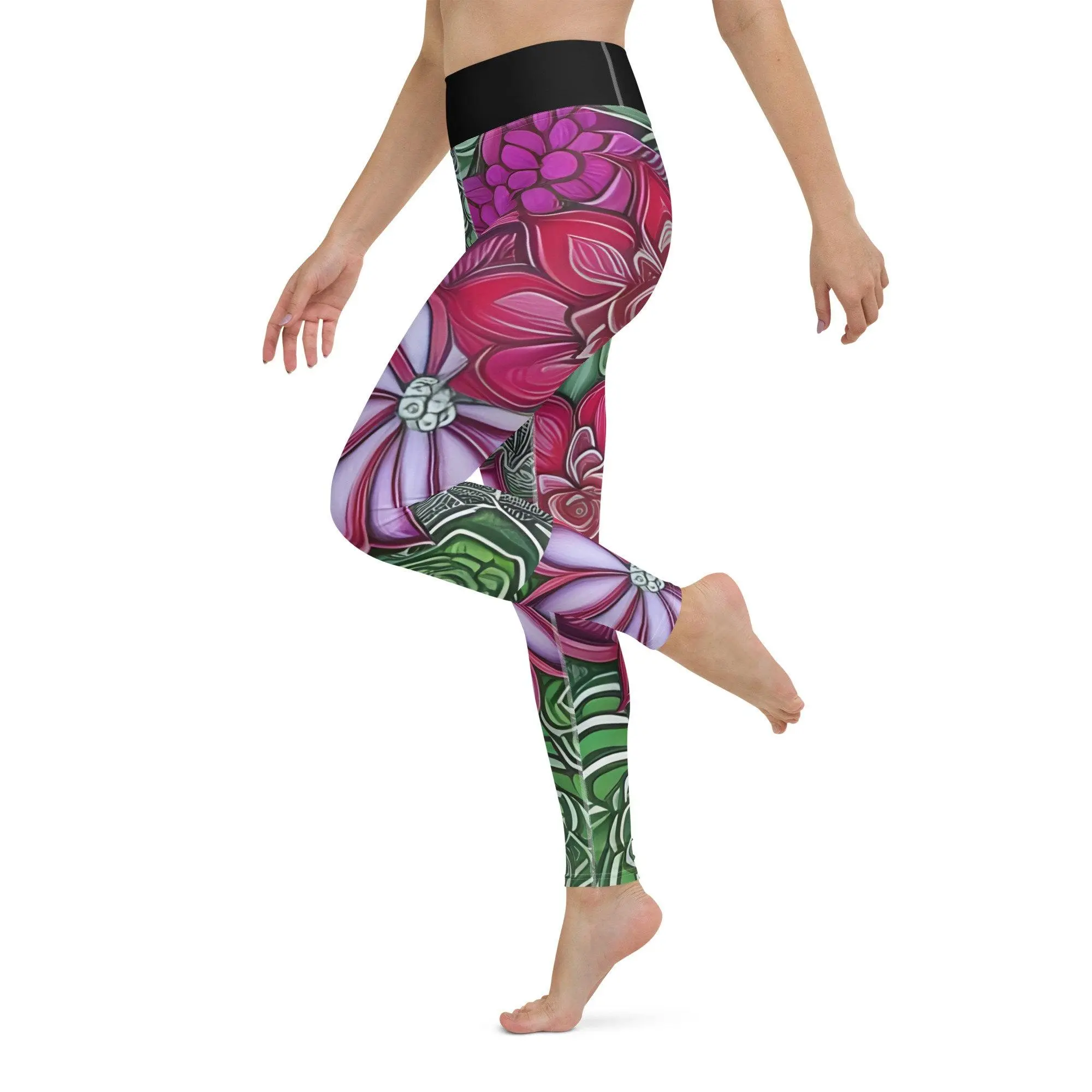 Floral Succulents Leggings - Green Pink Floral Plants Cacti Print Inside Pockets Cute Athleisure Gym Workout Yoga Women Pants