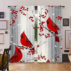 2 Pieces, Christmas Cardinal Printed Curtains - Red Bird Semi-Blackout Curtains on Snow Berry Branches, 100% Polyester Rod Pocket Curtains, Festive Home Decor for Living Room Bedroom Den, Home Decoration Curtain, Festive Patterns, Festive Window Covers