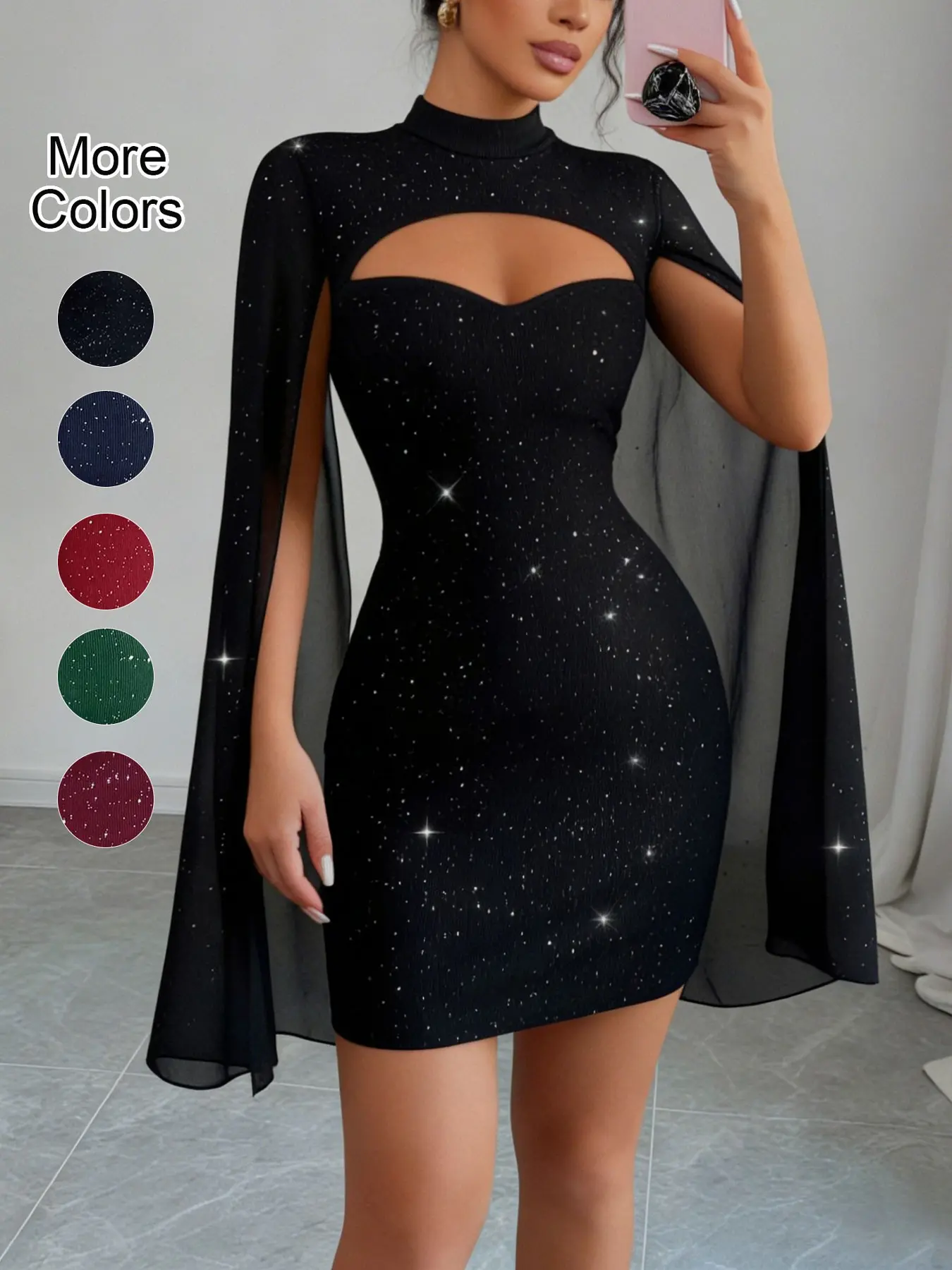 Women's Glitter Sequin Mock Neck Cut Out Bodycon Cape Dress, Sexy Fitted  Waist-Defining Dress for Party, Nightclub and Date Night, Women's  Fashionable and Elegant Attire, Cutout, Womenswear - TikTok Shop