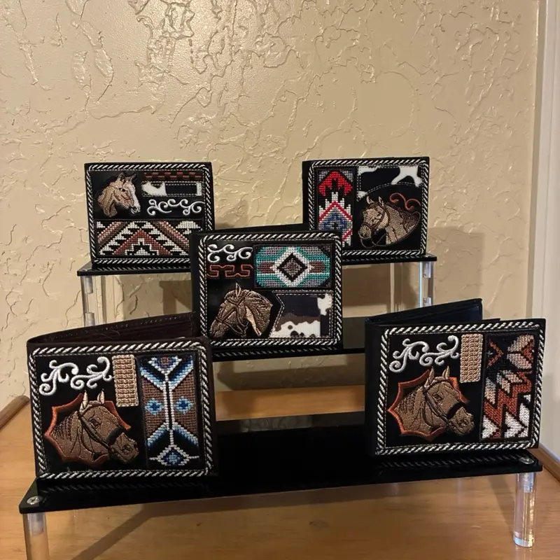 Cowboy style leather  men wallet, with rooster, bull and horses design