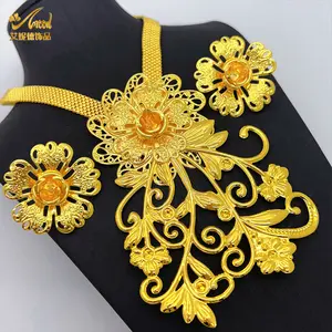 ANIID Dubai 24k Gold Color Jewelry Set For Women Luxury Unique Big Pendant Necklace & Earrings Wedding Gifts Party Accessory