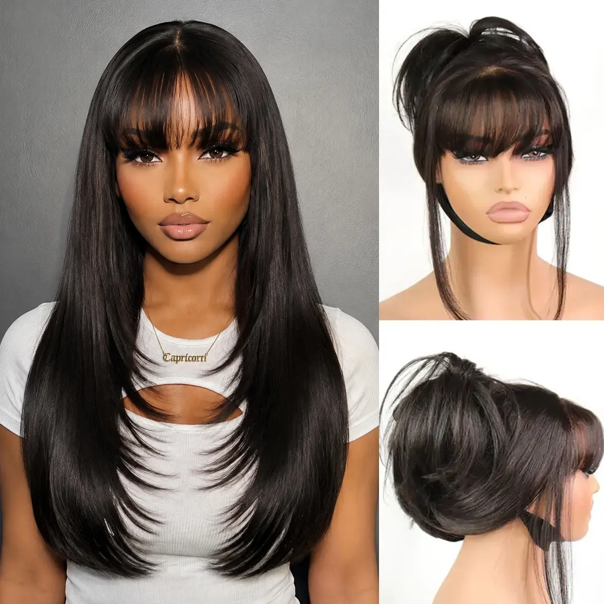 [Blend]Glueless Straight Layered Wigs with Bangs Wear and Go 6x4 Lace Front Wig ,Pre Style Realistic Look with True Scalp Tiny Knots 220% Density