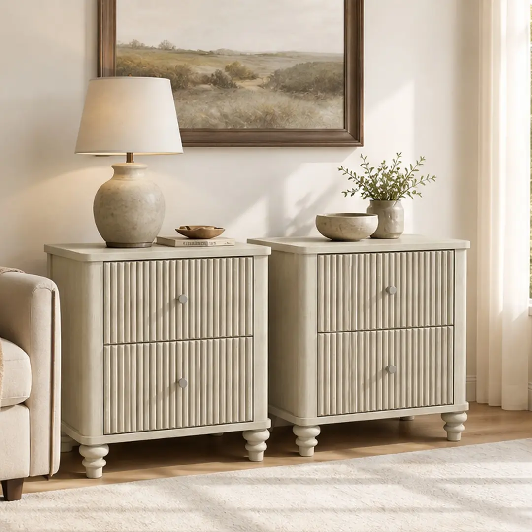 Beige Mid-Century Modern ARCH Fluted Top Small Nightstands 2-Piece Set - 21.65in Wide Rubberwood Side Table Chest with 3 Drawers, Metal Handles, Numbered Panels, Assembly Required Indoor Furniture for Bedrooms, Apartments, 96.79lb Weight