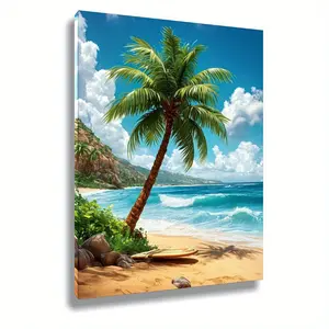 Large Coastal Tropical Beach Canvas Wall Art - Framed Palm Trees and Seascape Print, Horizontal Summer Decoration for Bedroom, Living Room, Office - Easy to Install with Hooks, No Batteries/Electricity Required, Durable Indoor/Outdoor Use - Premium H
