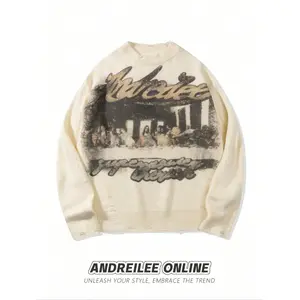 Men's Street Style Long Sleeve Crewneck Sweater, French Oil Painting Print, Raw Hem Design, Casual Loose Fit Knitwear for Spring & Fall