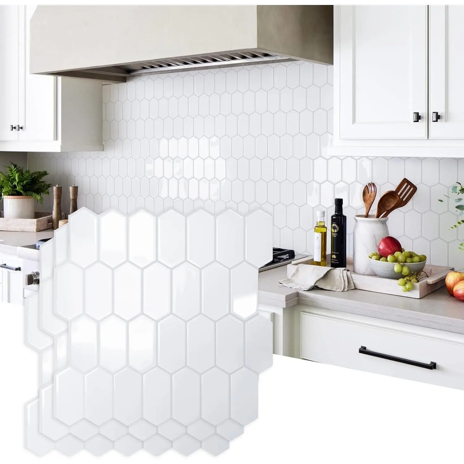 Upgraded Thicker Design Backsplash Tile Peel and Stick, 10-Sheet Grayish White with Gray Grout Long Hexagon Self Adhesive Wall Tiles Stick On Backsplash for Kitchen Bathroom RV Fireplace