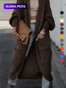 Women's Solid Drop Shoulder Long Cardigan, Womenswear Casual Long Sleeve Cardigan with Pockets, Ladies Knitwear for Spring & Fall Daily Wear, Lightweight Knit Sweater, Sweaters for Women