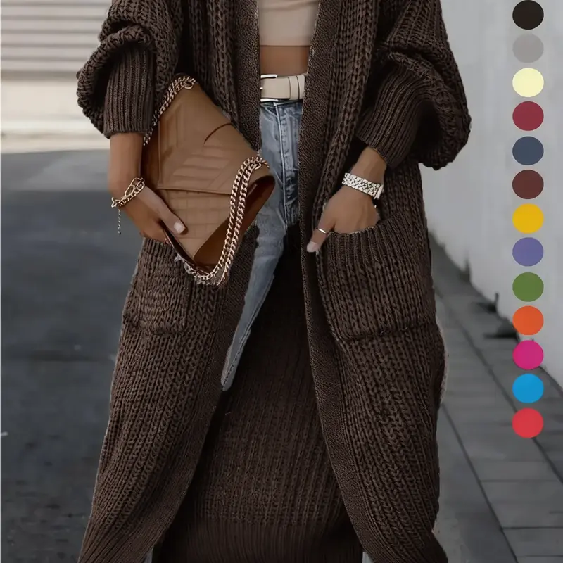 【Black Friday】Women's Solid Drop Shoulder Long Cardigan, Casual Long Sleeve Cardigan with Pockets, Ladies Drape Knit Sweater for Spring & Fall Daily Wear #GLOBAL PICKS