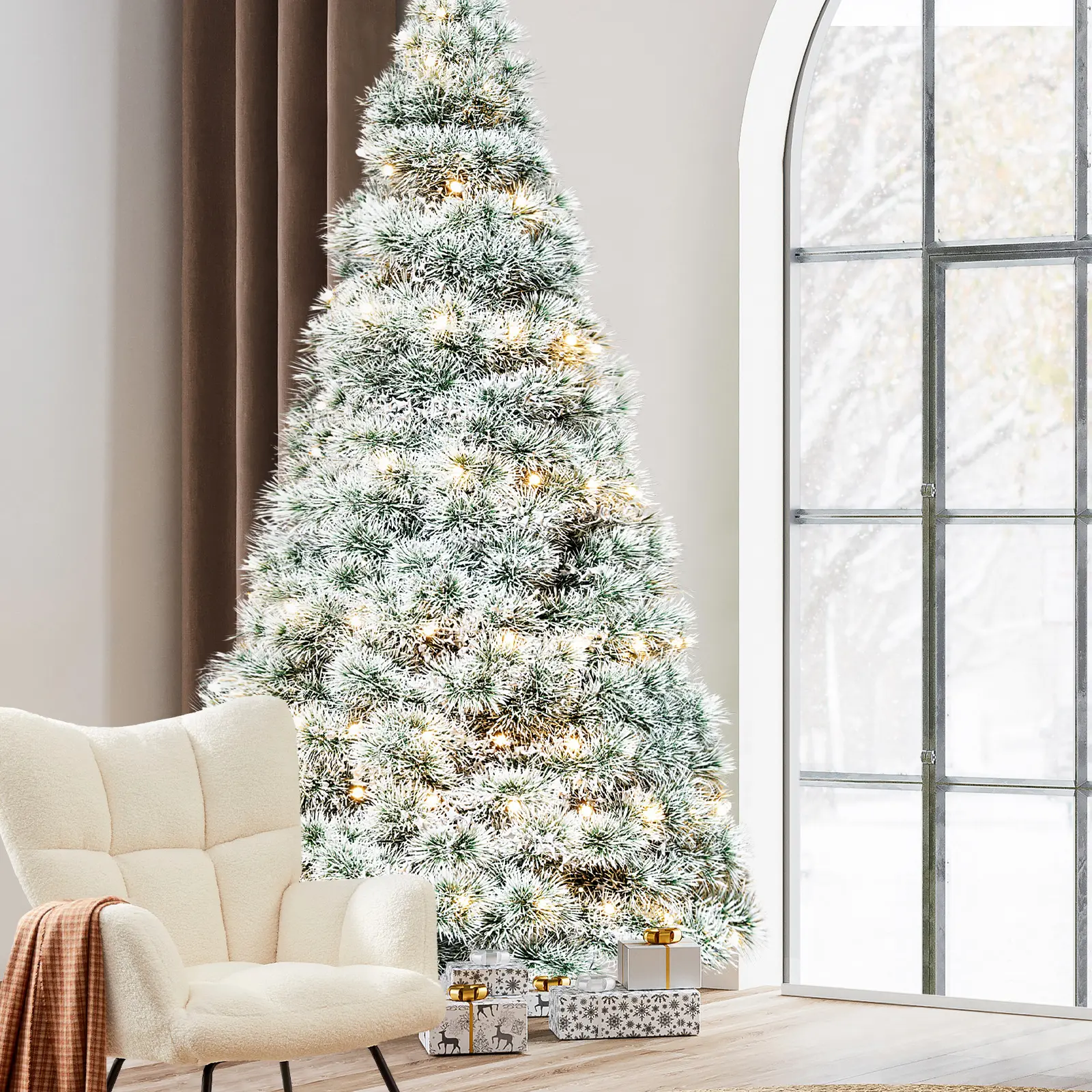 Pre-lit 4.5Ft PVC Flocking Artificial Christmas Tree - 120 Warm LEDs, 8 Modes, Sturdy Non-Slip Stable Metal Stand, Lifelike Foliage, Holiday Decorations, Party Lighting Decoration for Home Festive Settings