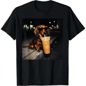 Funny Dachshund Drinking Iced Coffee Cute Dog Meme Humor T-Shirt