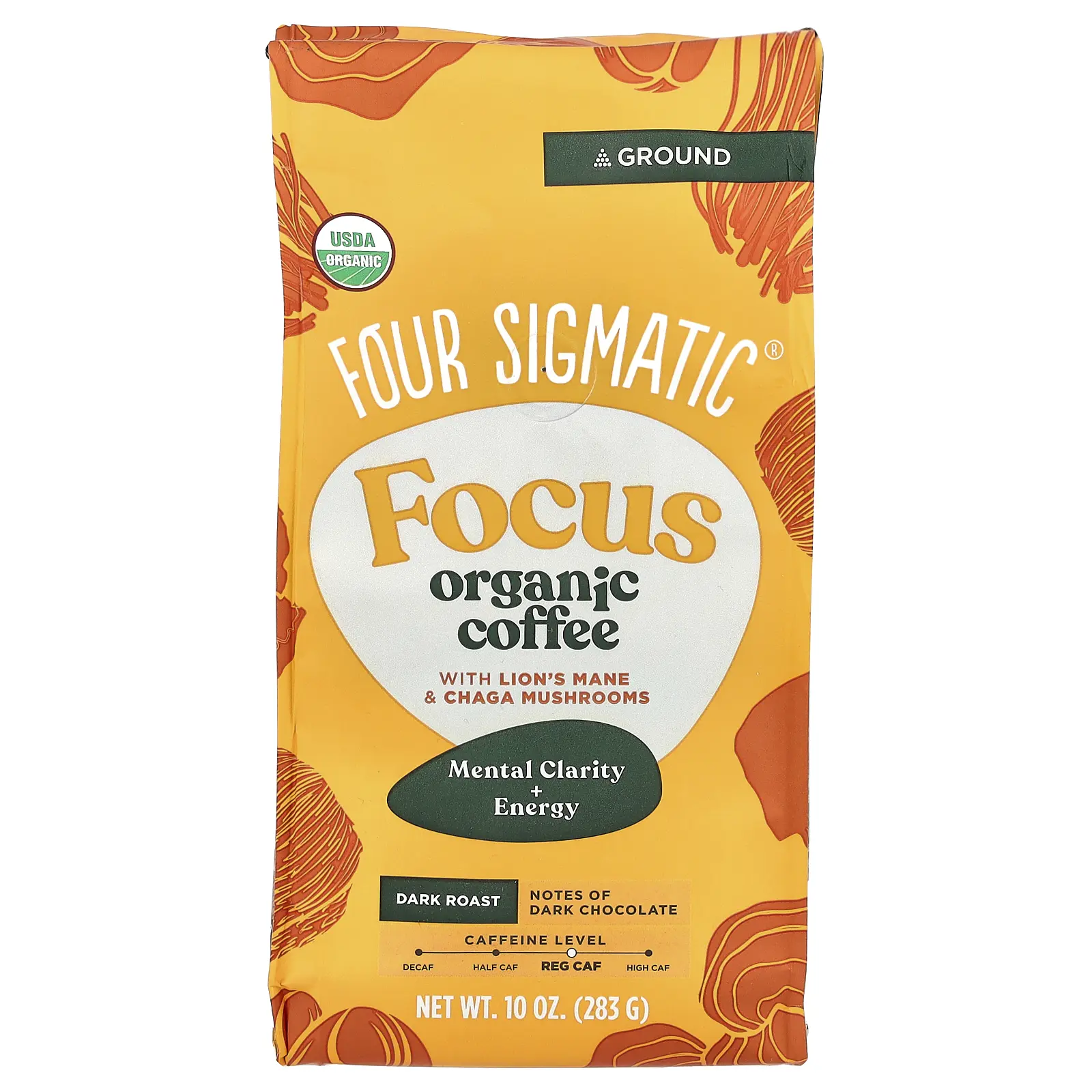 Four Sigmatic Focus, Organic Coffee with Lion's Mane & Chaga Mushrooms, Ground, Dark Roast, 10 oz (283 g)