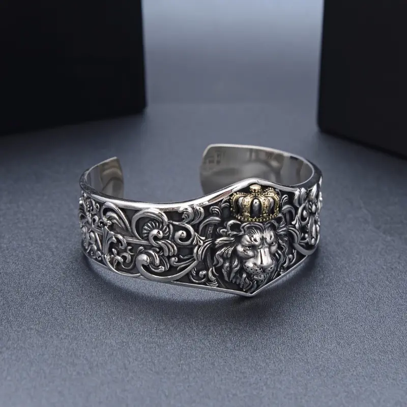Men's Statement Bangle Bracelet, S925 Sterling Silver Lion Head Wide Cuff with an Adjustable Fit for Daily Wear, TH4152054, Male