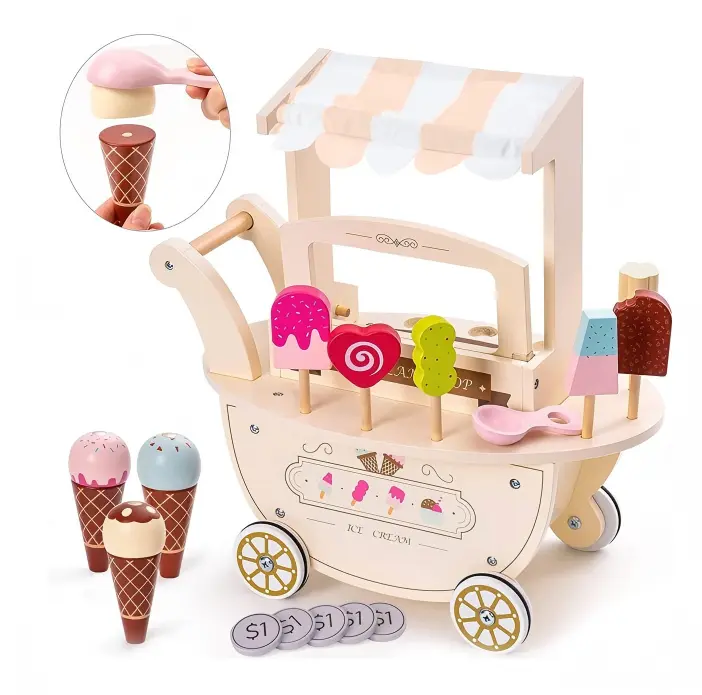 Pink Wooden Ice Cream Cart Toy Set for Kids, Pretend Play Ice Cream Shop with Accessories, Montessori Role Play Dessert Stand, Educational Toddler Toy, Birthday Gift for Girls Boys Ages 3-8