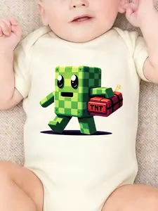 Cute short-sleeved crawling clothes for newborn baby boys with "Creeper Bomber " cartoon prints, suitable for both boys and girls, perfect pregnancy gift, baby's triangle one-piece clothes