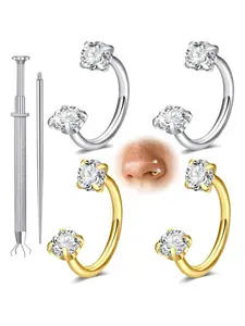 6pcs 16G Horseshoe Nose Ring Set – Double Gem Surgical Steel Nose Hoop Rings | Silver & Gold Tone | Hypoallergenic Piercing Jewelry for Nose, Cartilage, Helix, Tragus & Labret | Septum Rings for Women | Includes Piercing Tool Kit, Body Piercing Jewelry