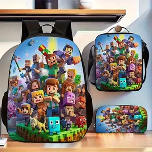 Mini printed three-piece set includes a backpack, lunch bag, and pencil case