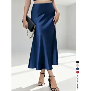 Women's plain dress, elegant and fashionable long dress for Valentine's Day parties and weddings, high waisted satin MIDI skirt, suitable for all seasons, bottom pantsRAIMENTRY