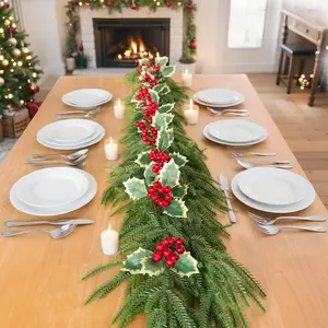 6Ft Christmas Norfolk Pine Garland with Berries, Green Artificial Real Touch Cedar Garland for Mantle, Table,Stair Handrail,Indoor, Outdoor Christmas Decorations