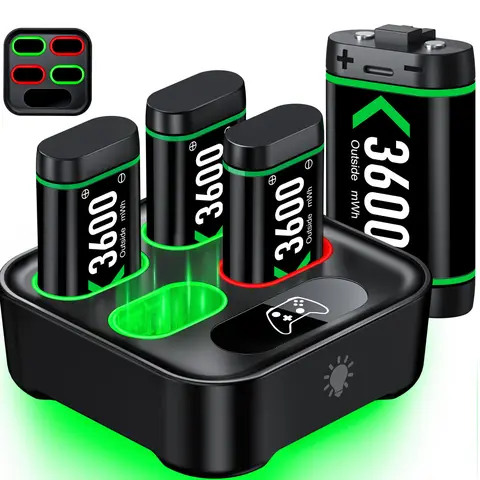 Kydlan Xbox Controller Charger Dock (Game Peripherals) with 4 Battery Slots, 4*3600 mWh Rechargeable Batteries, USB Cable, LED Light, 10H Long Life, Over-Charged Protection, Manufacturer Warranty - Xbox Series X|S/1 S/1 X/Elite Accessories