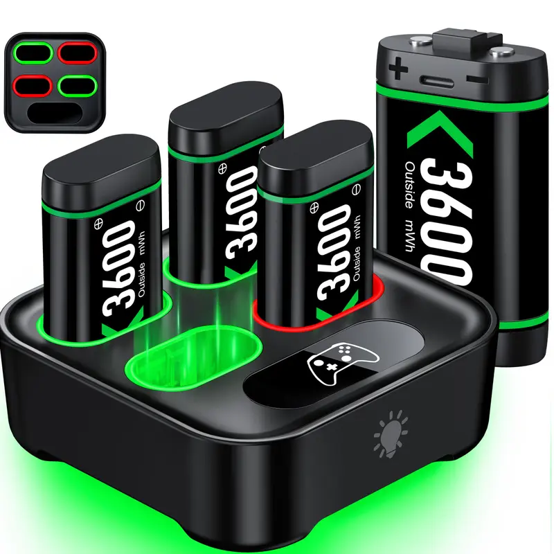 Kydlan Xbox Controller Charger Dock (Game Peripherals) with 4 Battery Slots, 4*3600 mWh Rechargeable Batteries, USB Cable, LED Light, 10H Long Life, Over-Charged Protection, Manufacturer Warranty - Xbox Series X|S/1 S/1 X/Elite Accessories