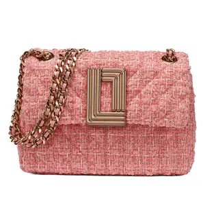 Karl Lagerfeld LAFAYETTE Tweed Chain Shoulder Bag Chic Textured Statement Soft Pink Hue Geometric Clasp Compact Essentials Ready