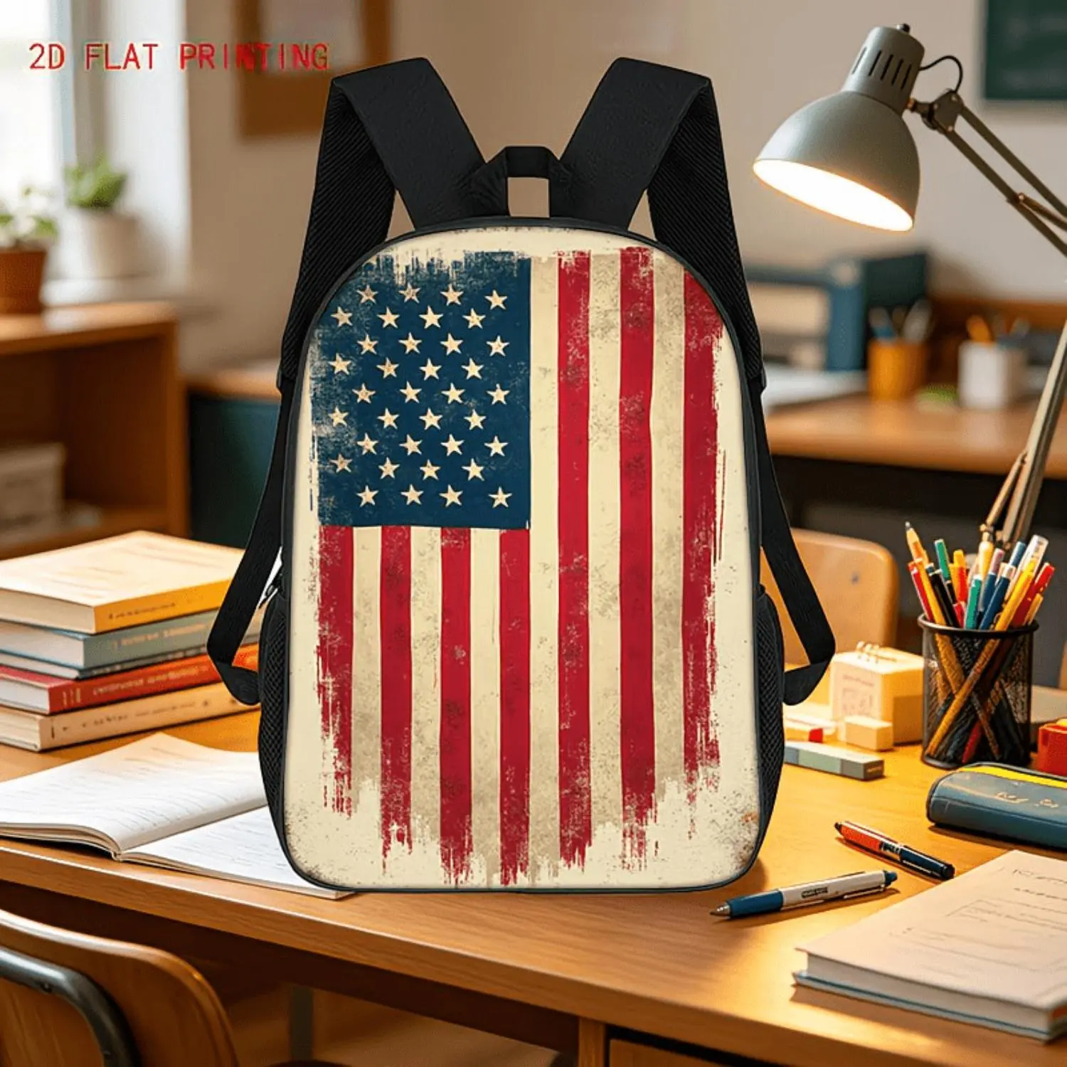 2D Flat 1pc Weathered American Flag on a Worn Metal Surface Large-capacity Backpack, Suitable for School, Travel and Camping. Lightweight and Durable, Unisex Design with Modifiable shoulder straps, Fits 17-inch Laptops