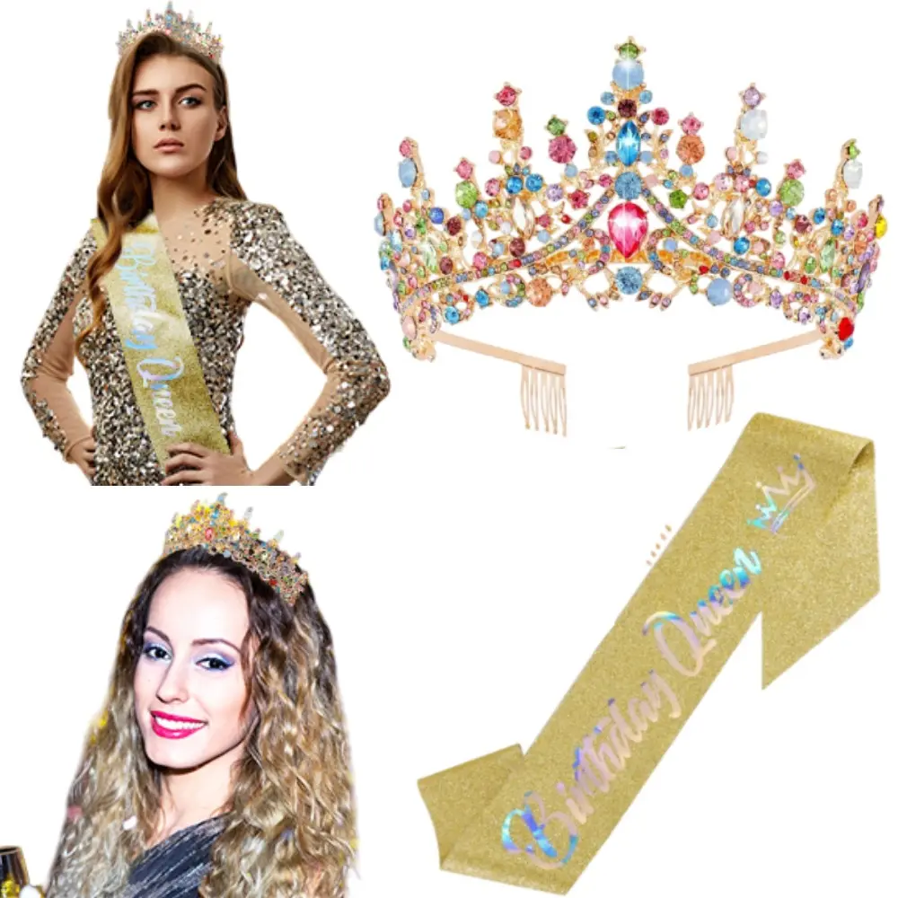 Women's Polyester Colourful Crystal Birthday Queen Tiara Crown - Elegant Princess Headband Sash with Combs, Fashion Hair Accessory for Party Decor, Mom Gift