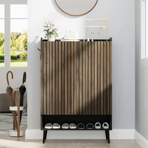 Garvee Large Shoe Cabinet with 6-Tier Storage Shelves, Modern Entryway Organizer with Metal Hooks and Rounded Corners, Adjustable Shelves for Hallway, Living Room, Black & Nut Brown
