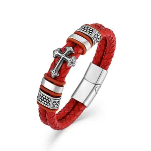 Red Men's Leather Bracelet With Cross, Braided Bracelet For Boyfriend, Yeelery/YL JEWEL