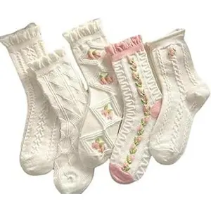 5 Pairs White Cute Socks, Women's Lace Ruffles Ankle Casual Sock, Cottagecore Breathable Socks, Floral Crew SocksGift