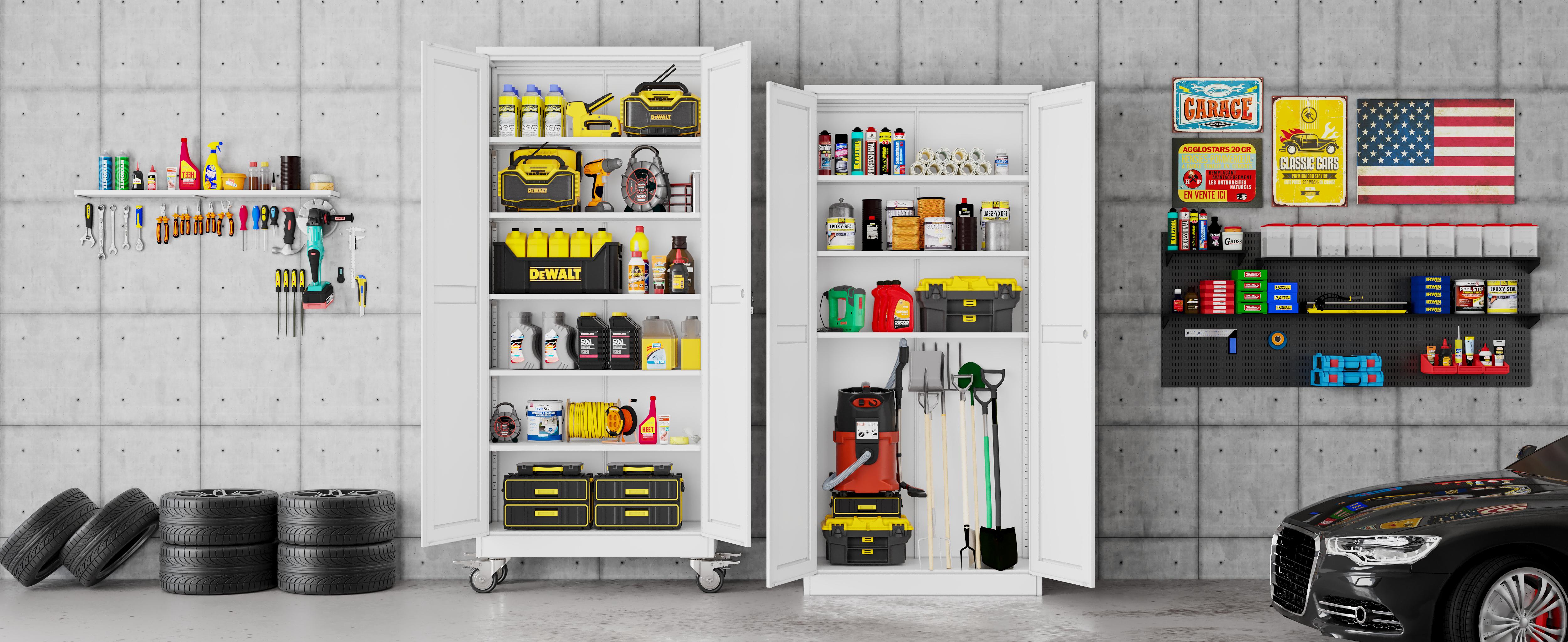Heavy-Duty Metal Storage Cabinet with Wheels, 2-Door Steel File Cabinet with 5 Adjustable Shelves for Garage, Home Office & Warehouse