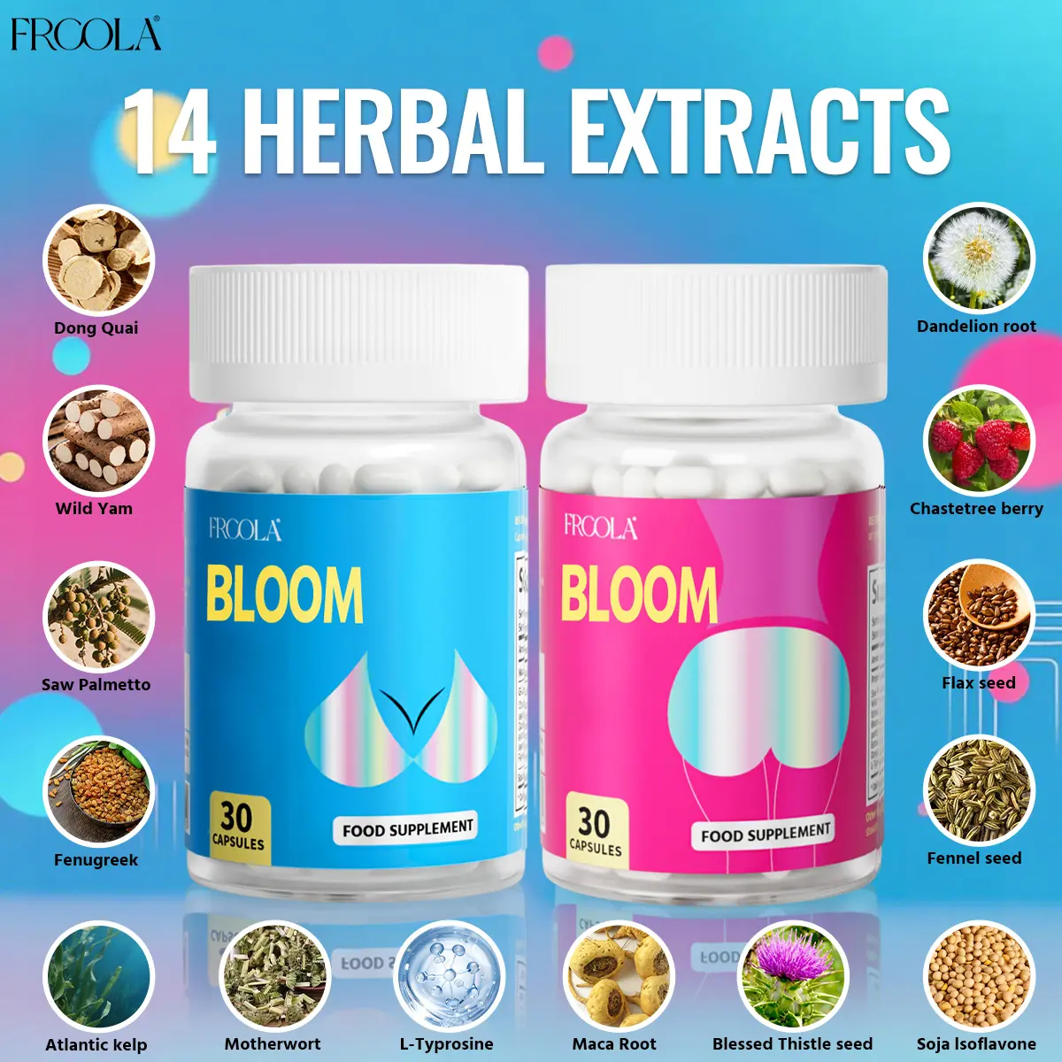 Frcola All-In-One Bloom Capsules Combo Pack - 14 Herbal Ingredients - 60 Capsules