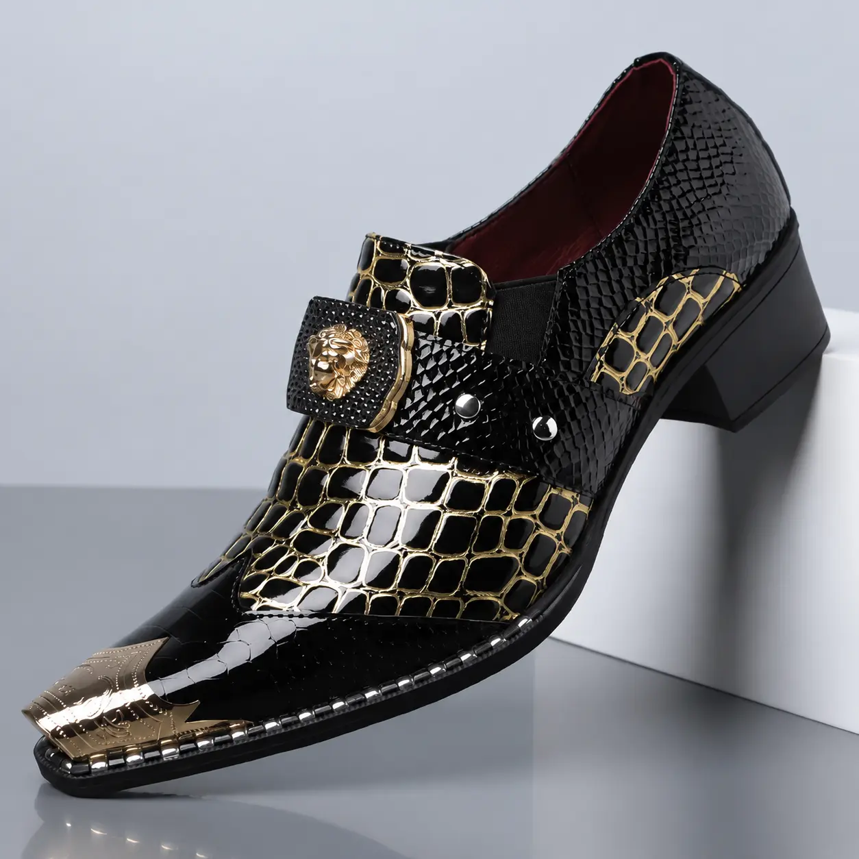 Men's Luxury Formal Slip-On Loafers - Square Toe, Crocodile Embossed Patent Leather, PU Upper, Rubber Sole, All Season, Business & Casual Shoes, Cowboy Black