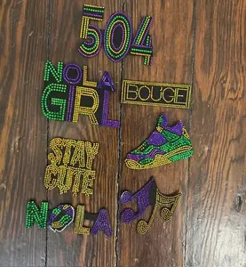 MARDI GRAS (504) 7 PATCH SET with Iron On Heat Press, Includes Various Graphics and Decorative Elements