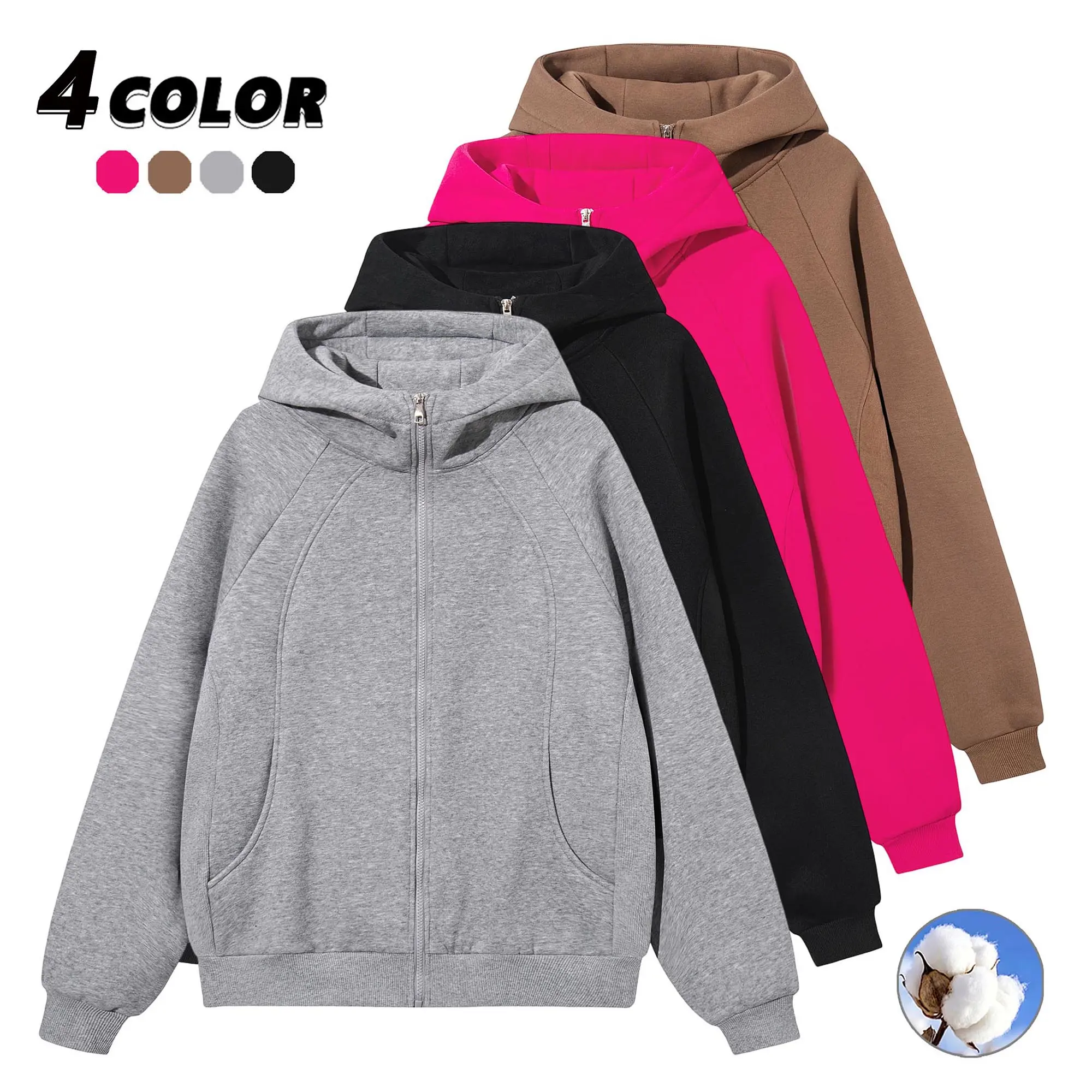 EKF Men’s Soft Cotton Zip-Up Hooded Sweatshirt Jacket, Curved Split Shoulder Sleeves, Kangaroo Pocket, American Street Casual Loose Fit Top