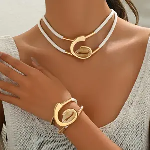 2pcs Women's Bohemian Style Spiral Inlaid Black Acrylic Long Bead Pendant Necklace and Bracelet Set