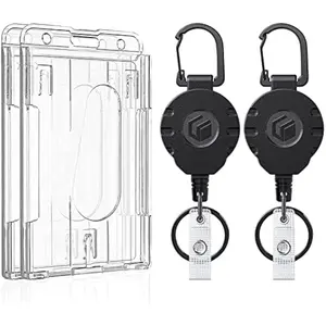 Card  Holder  2 Pack Thumb-Slot Badge Vertical Clear Plastic Case with Retractable Keychain Badge Reel for up to 8 oz Hard Card Protector for IDs Credit Cards Drivers Licenses and Passes