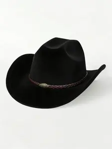 Western Cowboy Hat for Women, Fine Felt Braided Leather Rope Trim, Vintage Metal Badge, Men's Daily Commute Outdoor Hat, Business Casual Travel Accessory