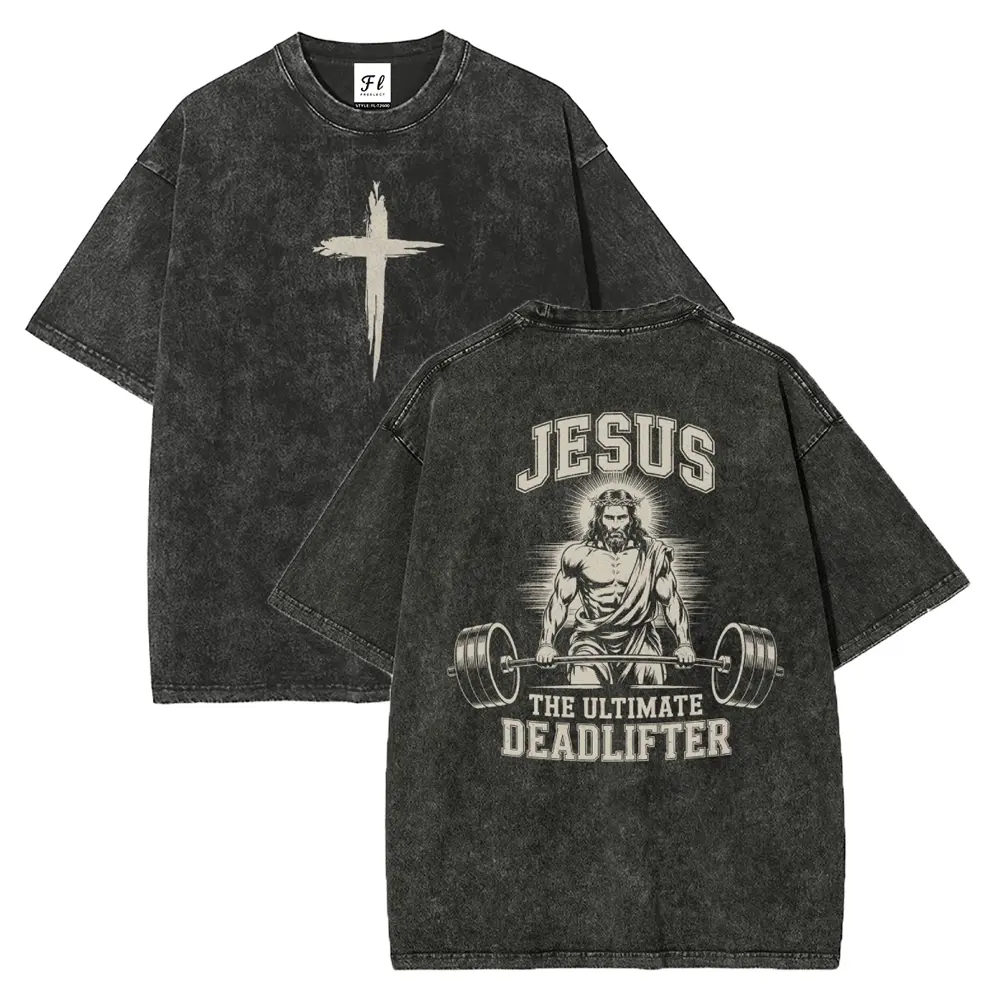 Men's Unisex Oversize Street Fit Basic T-Shirt - Jesus Deadlifter Graphic, Vintage Snowflake Wash Art, 100% Soft Cotton Fabric, Hot Stamped, Micro Elastic, Retro All-Season Short-Sleeve Menswear Top