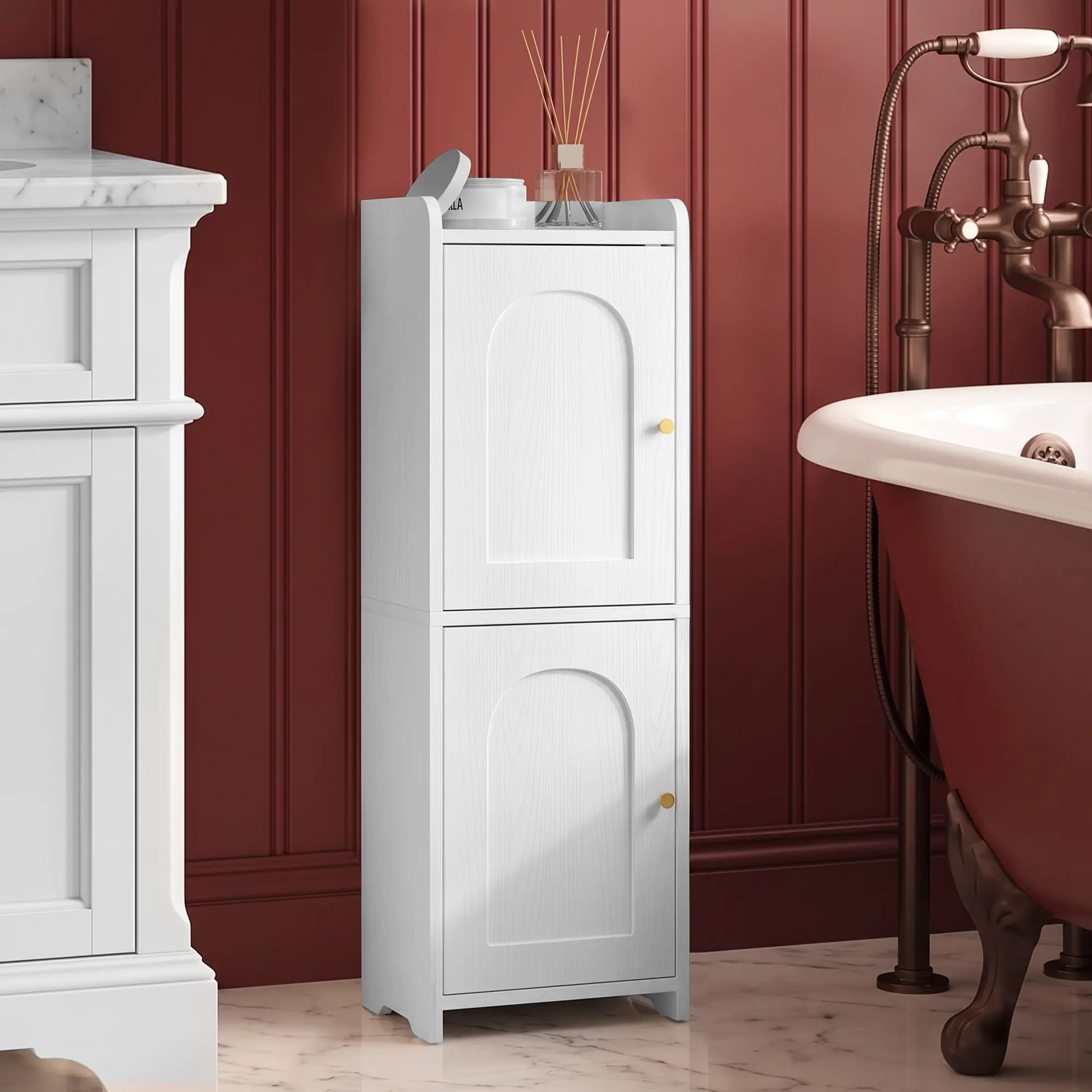 Hzuaneri Bathroom Storage Cabinet, Tall Corner Floor Cabinet with 4 Doors and Adjustable Shelf, Narrow Toilet Paper Cabinets, Bathroom Organizer for Small Spaces, 11" W x 11" D x 70.9" H White