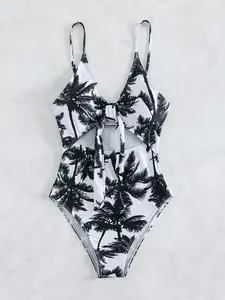 Women's Palm Tree Print Cut Out Knot Front One-piece Swimsuit, Casual Adjustable Spaghetti Strap Sleeveless Swimwear for Beach Holiday Vacation, Ladies Swimsuit for All Seasons
