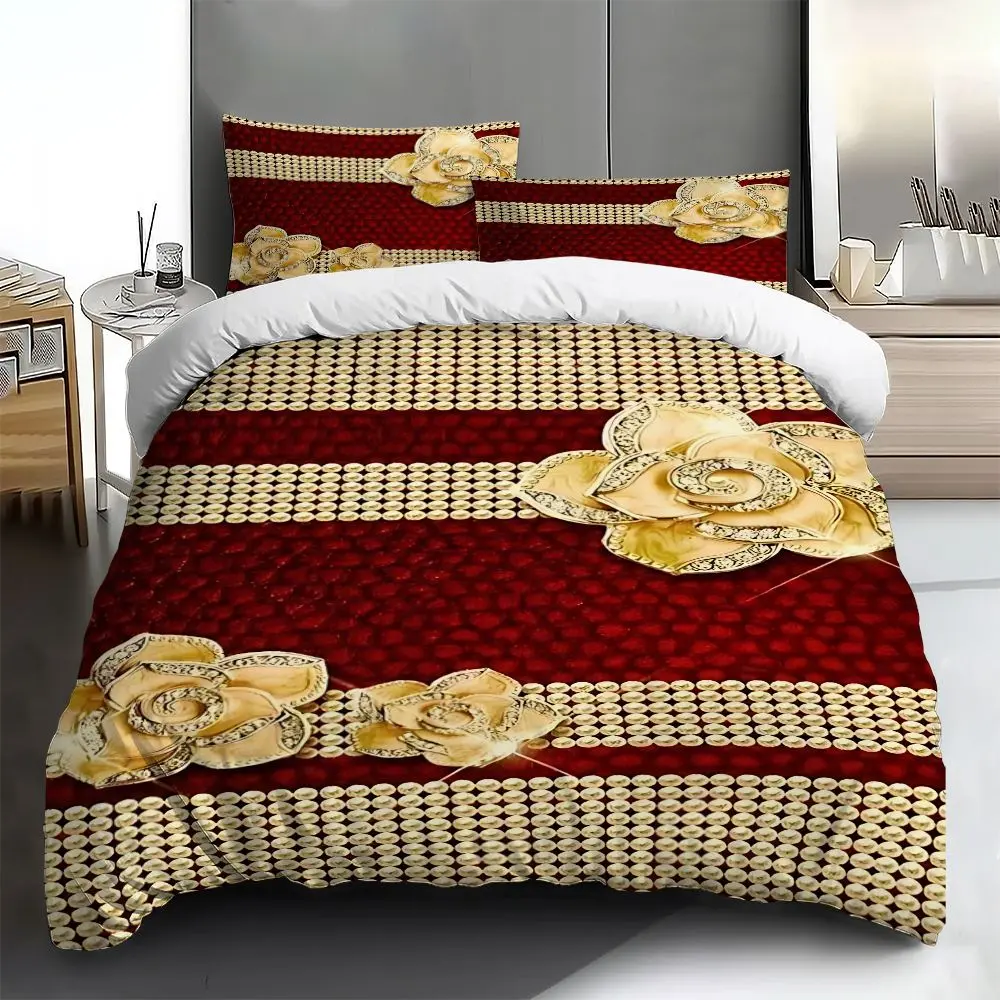 Three-piece bedding set - 2pcs/3pcs 2D Flat, red and gold floral rhinestone pattern duvet cover set (1 duvet cover + 1/2 pillowcases, no insert), multi-color printed bedding set, soft and comfortable, suitable for family bedrooms and guest rooms.