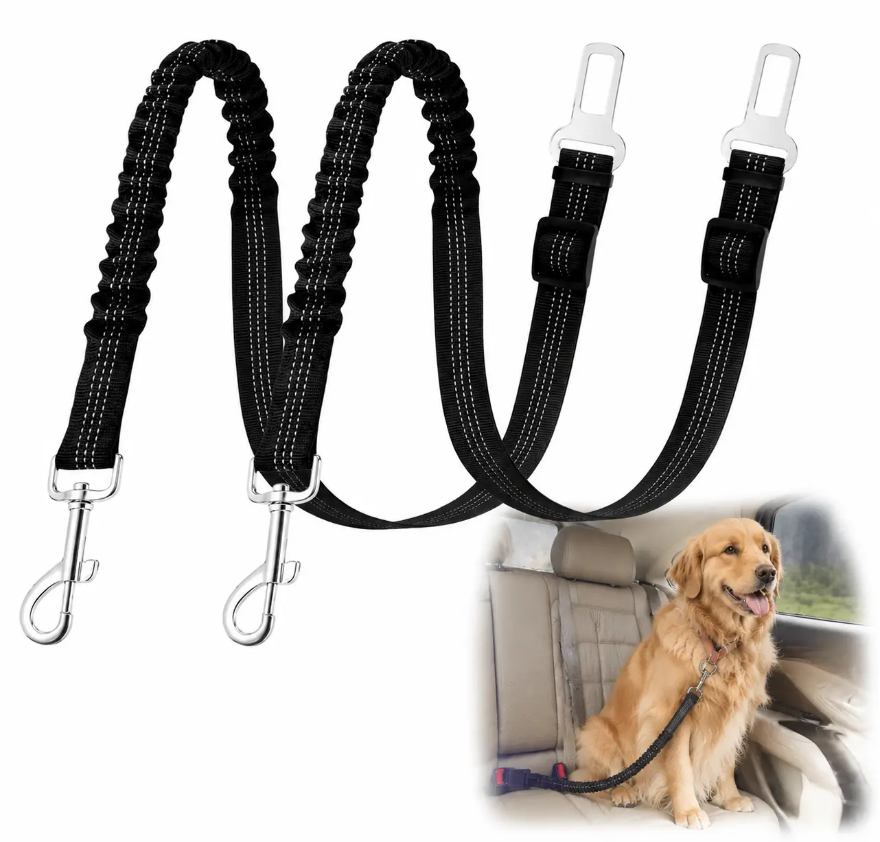 2 Pack Dog Seat Belt Adjustable Dog Car Seatbelts for Vehicle Nylon Pet Safety Seat Belt with Elastic Bungee Buffer Reflective & Durable Car Harness for Dogs