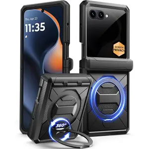 for Motorola Razr 2025 Case/Razr 2024 Case with Privacy Screen Protector, [360° Spin Magnetic Stand] [Compatible with Magsafe] [Hinge Protection] Full-Body Military Drop Phone Cover, Black