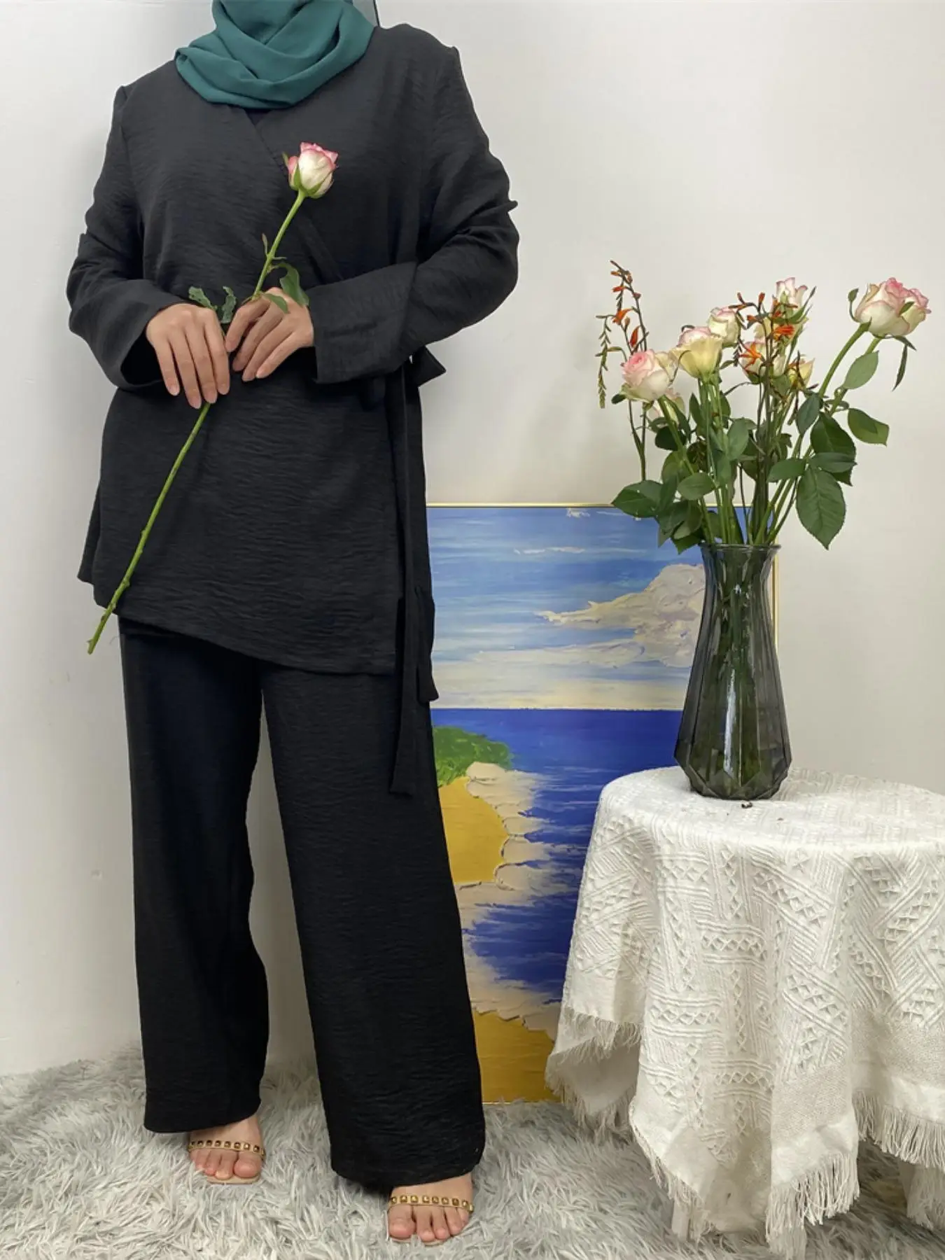 Women's Solid Color Top & Wide Leg Pants Two-piece Set, Casual Fashion Cozy Breathable Two Piece Outfits for Daily Outdoor Wear, Women Islamic Clothin