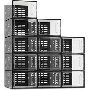 Shoe Storage Boxes, White Plastic Stackable Shoe Organizer for Closet, Shoe Rack & Holder Sneaker Container, 12 Pack Black