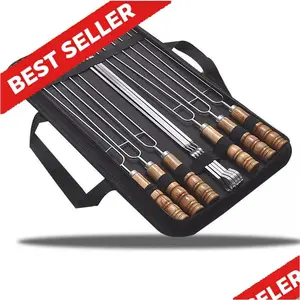Viral 10-Piece Heavy Duty BBQ Skewer Set - Aesthetic Reusable Stainless Steel Grilling Sticks for Kabobs - 2026 Hosting & Camping Essential