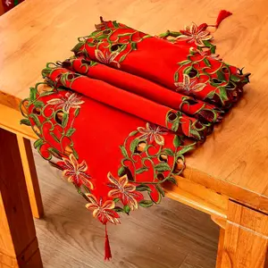 Red & Green Chinese-Inspired Floral & Cloud-Like Hollow-Out Table Runner - 15x70 Inch Large Machine-Woven with Fringe Edges for Christmas, Weddings, Banquets, Dining Table Decor - Traditional Chinese Patterns