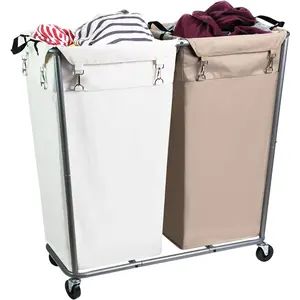280L Laundry Cart with Wheels, Commercial Large Rolling Laundry Sorter, Heavy Duty Divided 2 Section Laundry Hamper with Steel Frame and Removable Bag for Laundry Room, Bedroom,Hotel Mix Color